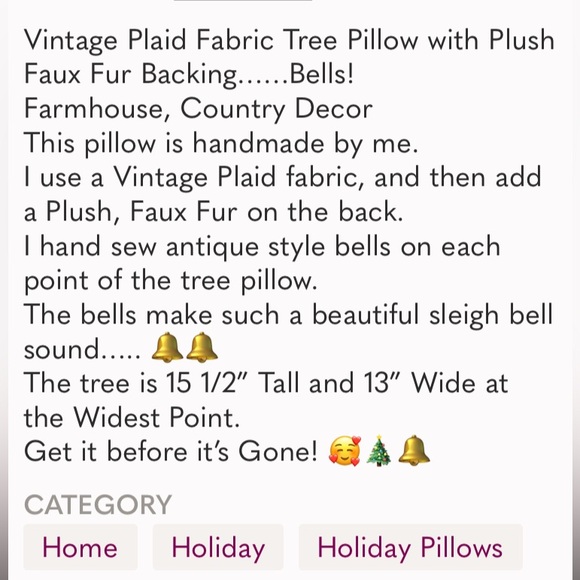 Plaid Christmas Tree Bells Plush Faux Fur Vintage Fabric Green Red Farmhouse 🎄 - Picture 8 of 8